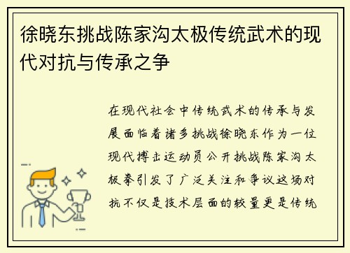徐晓东挑战陈家沟太极传统武术的现代对抗与传承之争